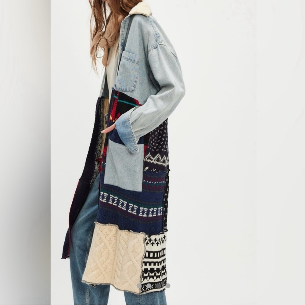 Tricia Fix/Free People Long Denim Jacket Knit Patchwork NWT